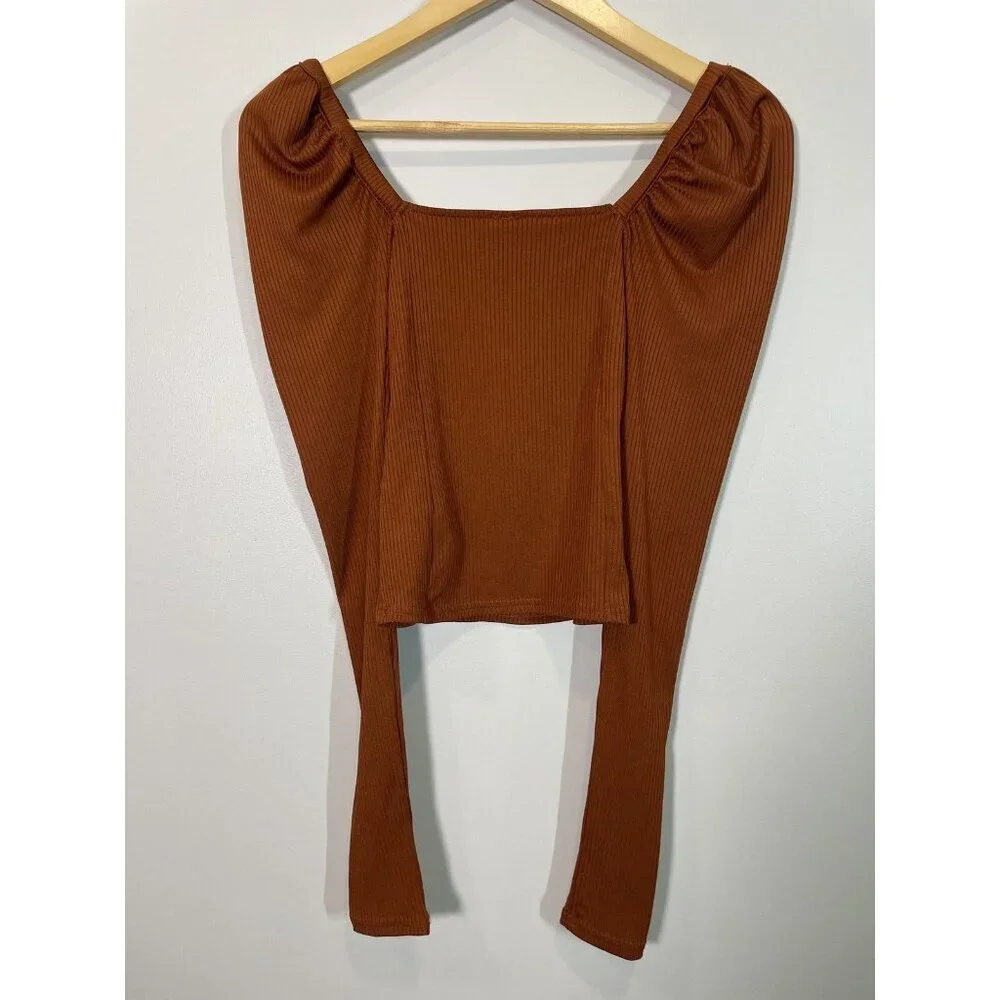 Free People Ribbed Long Sleeve Crop‎ Top Size XS Brown Soft Feminine Casual